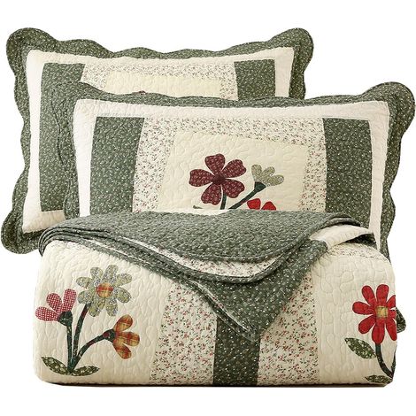 Parure de lit 3 pièces brodée Florale matelassée, 100% Coton, réversible, 1 Couette et 2 taies d'oreiller (Vert, Grand lit) (1/5)