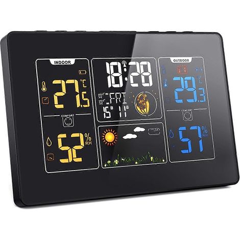 Station météo sans fil avec horloge, station numérique avec affichage de la température, noire (1/5)