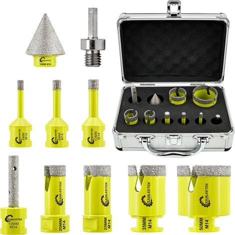 Foret Diamant Carrelage Kit - Trepan Carrelage Scie Cloche Diamantée (6/8/10/20/25/35/50mm+10mm Fraise +35mm Mèches Chanfrein+Adaptateur) pour Céramique, Porcelaine, Marbre, Granit (1/5)