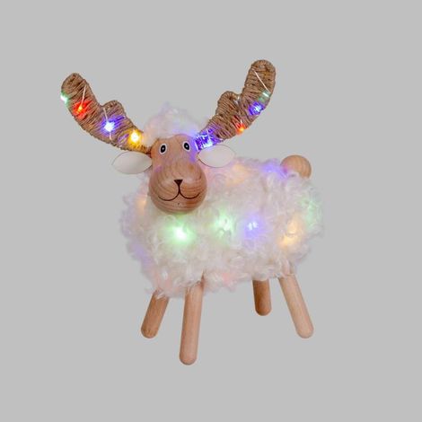 Mini mouton lumineux à piles 30 LED blanc chaud et couleur 23cm en bois (1/5)