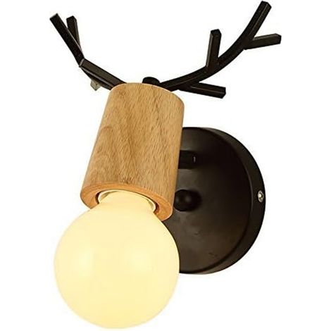Applique Murale Bois Cerf - Design Nordique Moderne - Interrupteur À Tirette Intégré - Noir - 1 Pièce