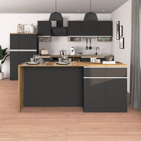WHOUS Isola Cucina SOLE con 4 ante e 4 cassetti, tavolo da pranzo e piano di lavoro, ideale per open space e spazi ridotti, 200x90x90 cm, antracite opaco e rovere