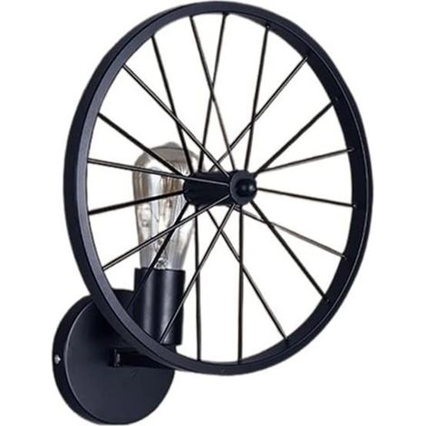 Applique a parete stile vintage lampada da muro country a forma di ruota di bicicletta nero attacco E27 (1/5)