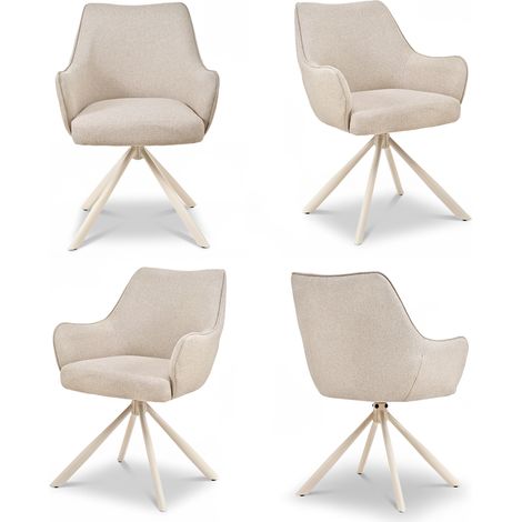 Bon Furni Webstoff Esszimmerstuhl Beige mit weißen Beinen, 4er Set, 360° drehbar, ergonomisch mit Federkern, unsichtbarem Reißverschluss & verstellbaren Füßen