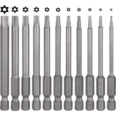 Pair Set mit 11 Torx-Schraubendreherbits – 75 mm – S2-Stahl – magnetisch – Sechskant – T6, T7, T8, T9, T10, T15, T20, T25, T27, T30, T40 – elektrische Torx-Bits für T-Profilschrauben