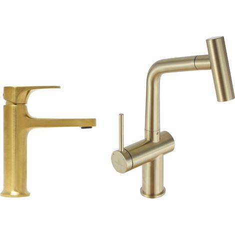 Set grifo de lavabo + grifo de cocina Ceramia Timeless de acero inoxidable con ducha extraíble, oro cepillado (1/5)