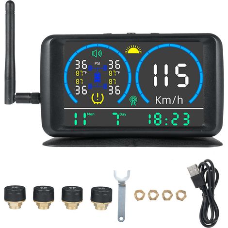 Système de surveillance de la pression des pneus (TPMS) solaire et USB 5 pouces pour VR avec 4 capteurs et 4 modes d'alarme, écran LCD couleur, 0-13 bar / 0-188 PSI, pour camions et fourgonnettes poid (1/5)