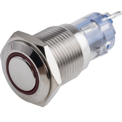 Bouton-poussoir, Momentané lumineux, LED Rouge, Unipolaire à deux directions (1RT), 3 A @ 250 V c.a., Argent, Montage ( Prix pour 1 ) (1/2)