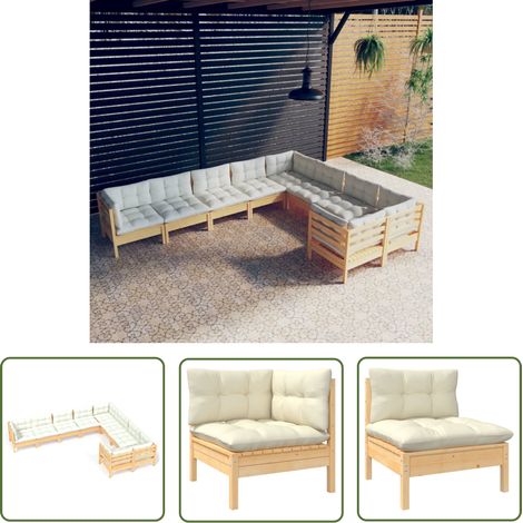 The Living Store 9-tlg. Garten-Lounge-Set mit Creme Kissen Kiefernholz - Gartensaison - Lounge Set - Gartenmöbel - Outdoor Möbel - Kiefernholz (1/5)