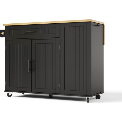 Isla de cocina móvil de MDF negra con tablero abatible y ruedas con freno, 120 x 70 x 93,3 cm (1/5)