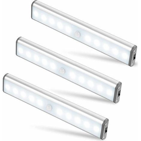 Lot de 3 Lampes 10 LED, Sans Fil, Rechargeable par USB, Aimanté, Détecteur de Mouvement, 2 Modes d’Éclairage, Portable. Lumière de Placard, Baladeuse de Secours, Veilleuse Enfant, Appoint … [Cl-Crezuo