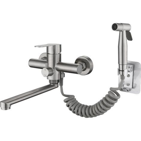 Wall-Mounted Kitchen Faucet Mixer for Sink Kitchen Taps with Spray Gun and 2 Types of Water Jets 360° Rotating in Brushed Stainless Steel