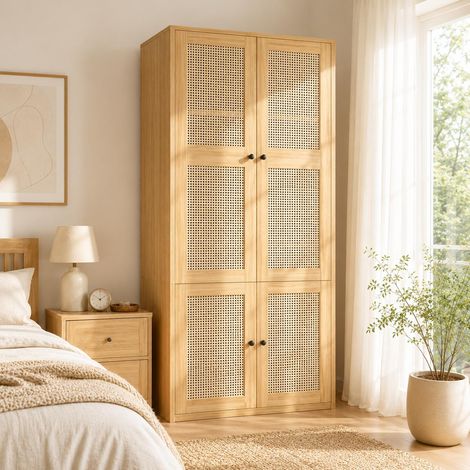 Armoire chambre avec tringle 3 tiroirs et 4 compartiments - Armoire en rotin, penderie moderne de chambre aspect chêne - 90x47x200 cm (1/5)