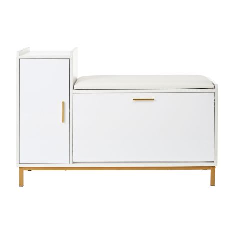 Meuble à chaussures blanc brillant avec banc, pieds dorés, rangement