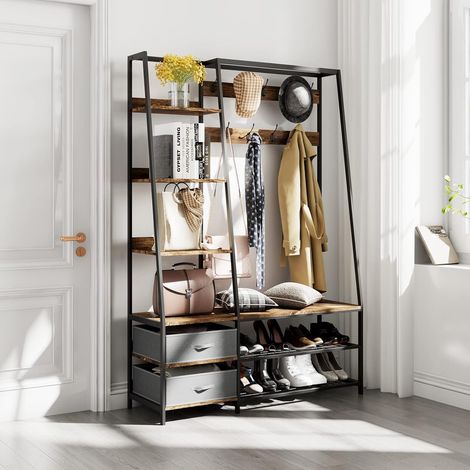 COSTWAY Garderobenständer mit Sitzbank, Garderobe mit 6 Ebenen, 9 Doppelhaken, 2 Stoffkommoden und Schuhregal, 158kg belastbar, Flurgarderobe für Flur, Schlafzimmer, Industrie-Design, 122x40x180cm