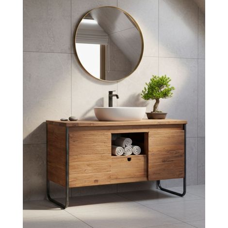 Azur 2 - Meuble salle de bain industriel en teck et métal 2 portes 120 cm (1/5)