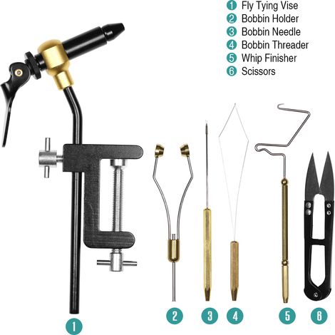 Kit combiné d'outils de fixation de mouches, étau, porte-bobine, enfileur, aiguille, fouet, ciseaux de finition, 6 pièces (1/5)