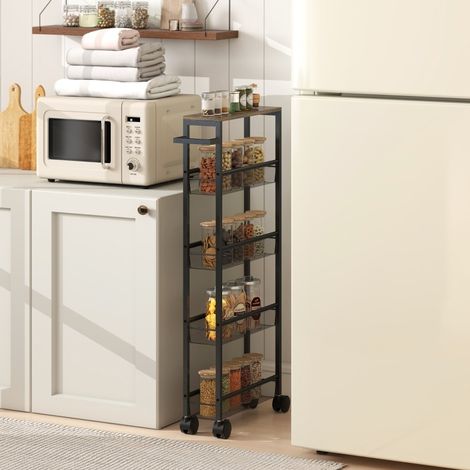 Carrello da cucina 47x13x96.5 cm nero in metallo e legno con 5 livelli e ruote (1/3)