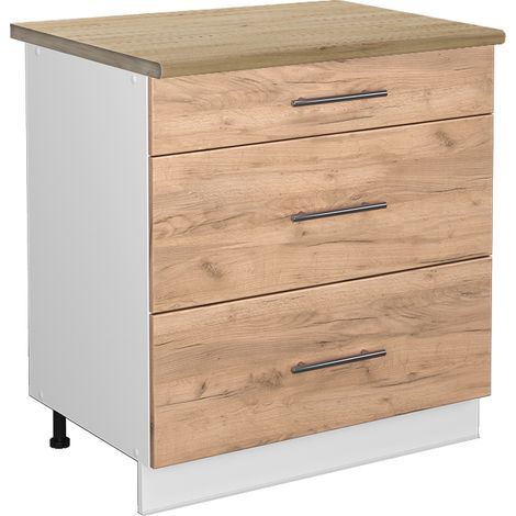 Mueble bajo de cocina Fame-Line, Roble dorado, 80 cm con 3 cajones, ET Roble, Vicco