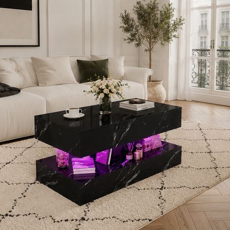Meuble Table Basse en verre,Table d'appoint, table de canapé 100 x 50 x 45, avec LED 2 tiroirs, noir, pour salon, chambre à coucher (1/5)