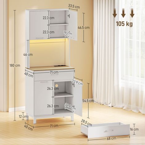 Buffet moderne avec éclairage LED, prise de courant et port USB, avec deux placards et un tiroir, 71x40x180cm, blanc. (1/5)