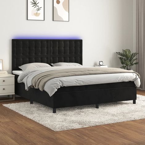 Sommier Tapissier + Matelas + LED,Lit adulte Simple Durable Noir 160x200 cm Velours -52245 (1/5)