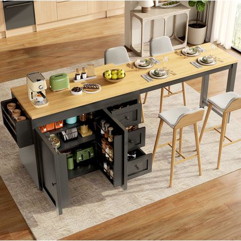 Isola da cucina allungabile 116x45x89 cm, piano estendibile, 3 cassetti, ruote piroettanti, MDF e metallo nero (1/5)