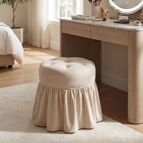 Wahson Vanity Stool Velvet Round Ottoman Stool with Rolling Wheels and Ruffle Skirt, Button-Tufted Upholstered Dressing Chair for Bedroom, Cream White