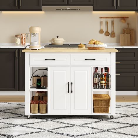 Îlot de cuisine mobile extensible de 120 cm avec bar et prises, avec 2 tiroirs et 2 portes de placard avec étagères de porte. Convient aux cuisines, salles à manger, salons, etc.