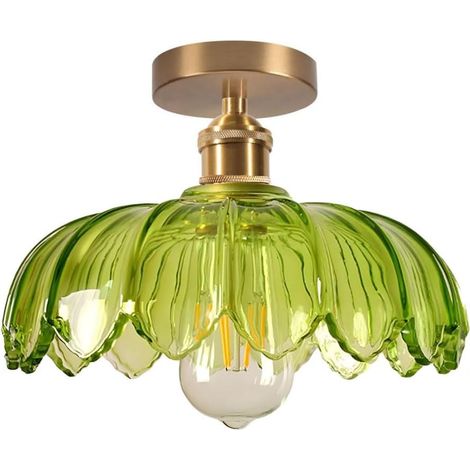 Plafonnier Verre Vert - 1 Luminaire - Laiton Et Verre - Design Fleur Vintage - Salon Chambre Couloir - Diamètre 25 Cm (1/5)
