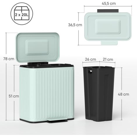 Poubelle de cuisine, 2 compartiments de 20 L, tri sélectif efficace, pédale, plastique et métal, verte (1/5)