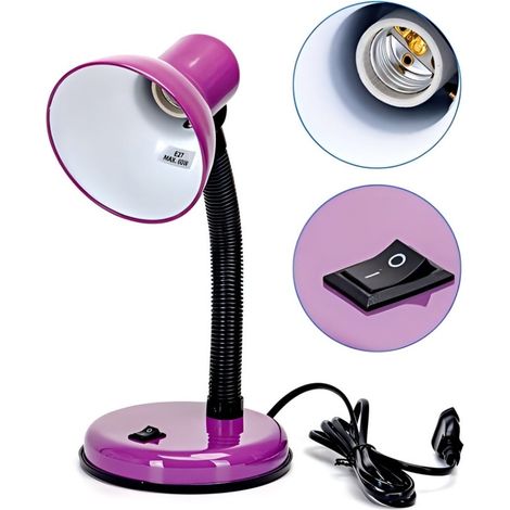 Abat-jour de table métal violet col flexible, douille E27, éclairage ajustable pour étude bureau