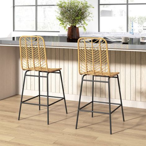 Lot de 2 tabourets de bar 42, 5x52x102 cm en rotin pe style bohème avec dossier jaune et noir (1/5)