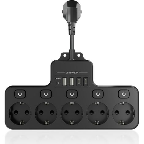 Multiprise avec USB, multiprise avec Interrupteur, Prise escamotable, 2 Compartiments, Prise de Table encastrable, (Noir - Style Mural, 5 Prises) (1/4)