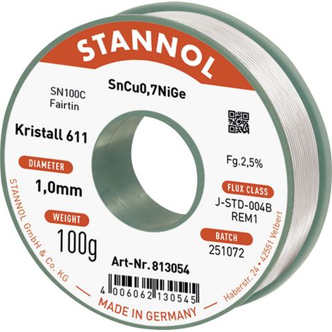 Stannol Lötdraht Kristall 611 Lötzinn, bleifrei bleifrei, Spule REM1 100 1 mm