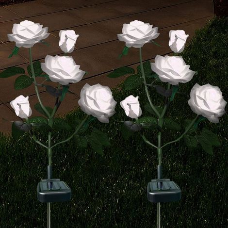 Décoration lumineuse rose solaire d'extérieur adaptée aux jardins, cours, terrasses, passages, roses blanches imperméables à 5 têtes (2 pièces) (1/5)