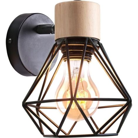 Applique Murale Industrielle Design Cage en Métal Lampe Murale Bois Décoration Ajustable Vintage Luminaire Interieur pour Chambre Couloir Salon, 16CM (Style-B Noir 1Pack) [Classe énergétique A] (1/4)