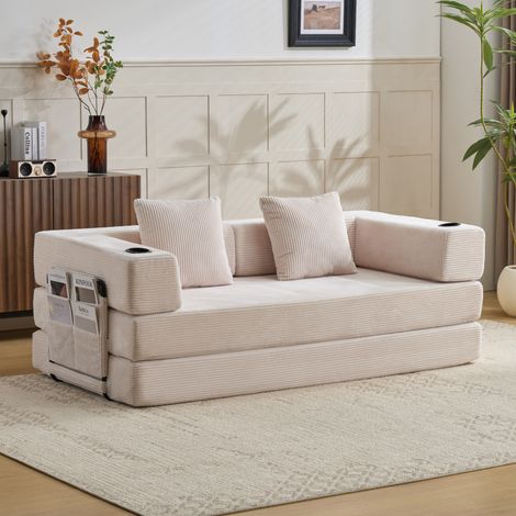 Canapé sol convertible – Coussins soutien lombaire + accoudoirs – Porte-gobelet + poche – Velours côtelé – Blanc – Salon/Chambre (1/5)