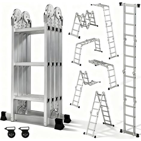 OUTIGO Échelle Multifonction Pliante, 4 x 3 en Aluminium échelle 7 en 1, jusqu'à 150 kg,Échelle Téléscopique, Échelle Pliante, Escabeau Pliant, Bricolage Peinture Toiture