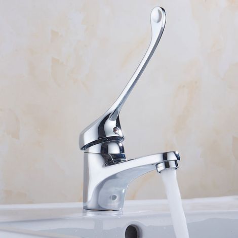 Robinet de salle de bain avec poignée médicale, robinet de lavabo avec bec de 45 mm de hauteur, robinet d'eau chaude et froide (avec tuyau d'arrivée) (1/4)
