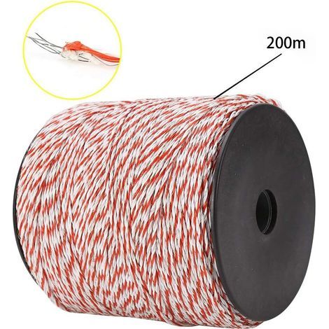 Fil de clôture électrique - 200 m - Fil en polyéthylène à 9 brins avec mandrin pour bétail, mouton, cheval, animaux domestiques - Protection des cultures (rouge et blanc) (1/4)