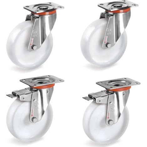 Lot de 4 roulettes INOX pivotantes et pivotantes à frein plastique blanc 100 mm - 600 Kg (1/3)