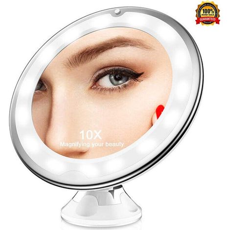 Promotion, Miroir Grossissant X10, Miroir Grossissant Lumineux LED de Voyage avec Ventouse, Miroir Grossissant Mural Portable, Rotation à 360°, Miroir à Poser Idéal pour Rasage et Maquillage,-- (1/5)