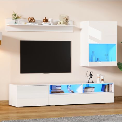 Ensemble TV mural 175x39x34 cm blanc en panneaux de particules avec LED et finition brillante (1/5)