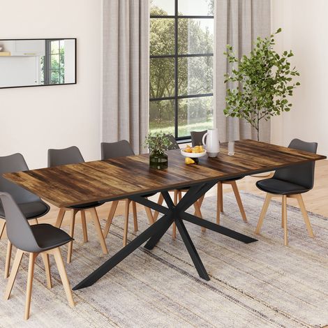 ALIX mesa de comedor rectangular extensible con almacenaje para 10-12 personas, madera oscura y pata de araña negra 200-240 cm