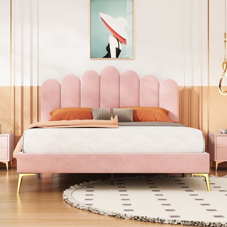 Confort de couchage et soutien stable avec ce lit 140x200 en velours rose, tête de lit réglable (1/5)