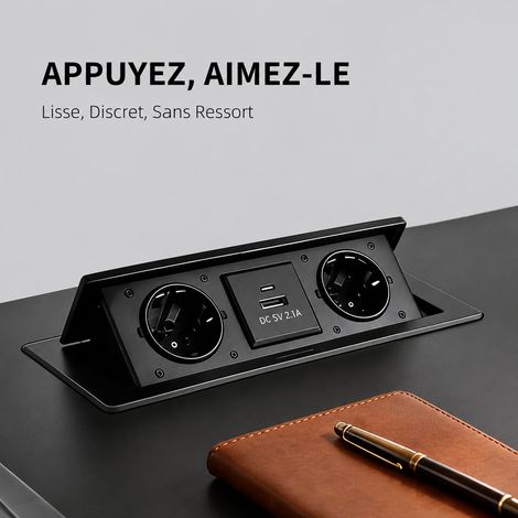 Prise de bureau encastrable escamotable 2 Schuko 16A 4000W USB A+C avec câble blanc 30 × 12 × 18 cm – Livraison gratuite (1/4)