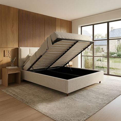 OLEA Lit double en tissu beige avec coffre 160x200 cm (1/5)