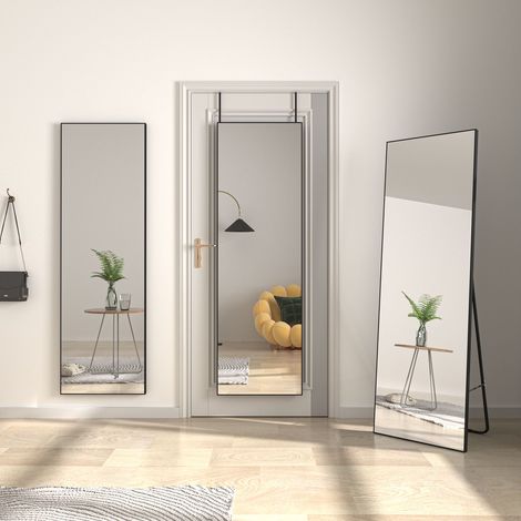 Full Length Mirror 140x40cm, Free Standing Leaning Mirror Door Hanging Mounted Mirror Aluminum Frame Modern Simple Home Decor for Living Room Bedroom Cloakroom, Black