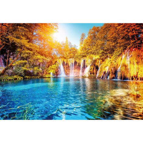 Papier peint panoramique cascade turquoise & dorée | Tapisserie panoramique nature idéale salon | Papier peint panoramique paysage Croatie - 384 X 260 cm (8 pièces) (1/2)
